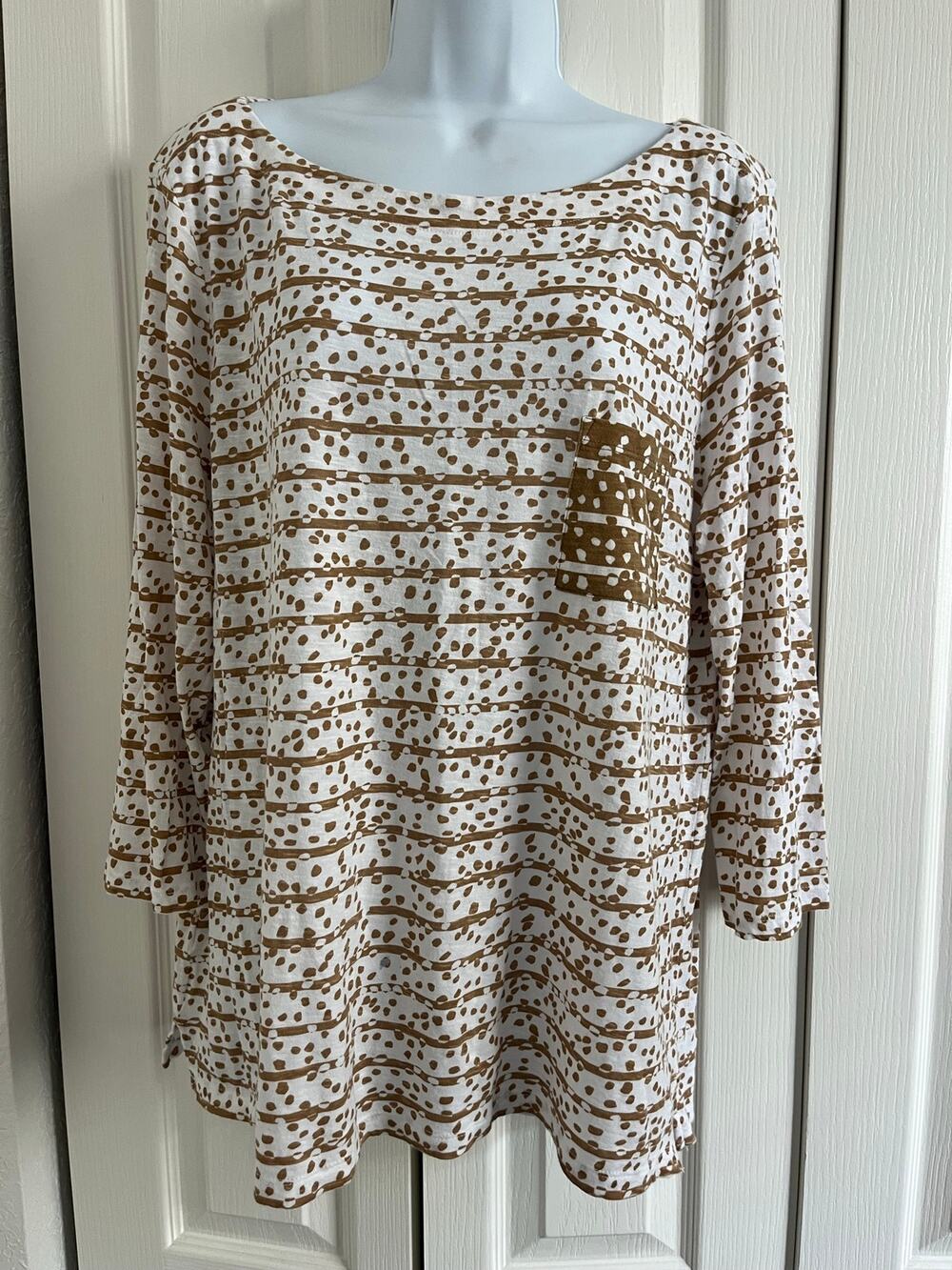 LOFT Outlet XL Brown Ivory Abstract Print Top Boat Neck Pocket Lightweight 3/4